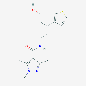 molecular formula C16H23N3O2S B2686162 N-(5-hydroxy-3-(thiophen-3-yl)pentyl)-1,3,5-trimethyl-1H-pyrazole-4-carboxamide CAS No. 2034302-87-7