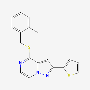 molecular formula C18H15N3S2 B2686164 4-{[(2-METHYLPHENYL)METHYL]SULFANYL}-2-(THIOPHEN-2-YL)PYRAZOLO[1,5-A]PYRAZINE CAS No. 1243085-30-4