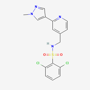 molecular formula C16H14Cl2N4O2S B2686189 2,6-dichloro-N-{[2-(1-methyl-1H-pyrazol-4-yl)pyridin-4-yl]methyl}benzene-1-sulfonamide CAS No. 2097862-64-9