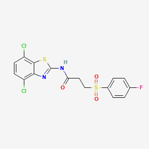 molecular formula C16H11Cl2FN2O3S2 B2686212 N-(4,7-dichlorobenzo[d]thiazol-2-yl)-3-((4-fluorophenyl)sulfonyl)propanamide CAS No. 898427-40-2