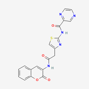 molecular formula C19H13N5O4S B2686221 N-(4-(2-oxo-2-((2-oxo-2H-chromen-3-yl)amino)ethyl)thiazol-2-yl)pyrazine-2-carboxamide CAS No. 1206997-60-5