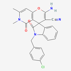 molecular formula C25H19ClN4O3 B2686296 2'-Amino-1-(4-chlorobenzyl)-6',7'-dimethyl-2,5'-dioxo-5',6'-dihydrospiro[indoline-3,4'-pyrano[3,2-c]pyridine]-3'-carbonitrile CAS No. 886178-72-9