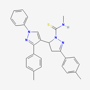 molecular formula C28H27N5S B2686351 N-methyl-5-(4-methylphenyl)-3-[3-(4-methylphenyl)-1-phenylpyrazol-4-yl]-3,4-dihydropyrazole-2-carbothioamide CAS No. 381697-17-2