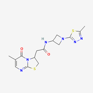 molecular formula C15H18N6O2S2 B2686376 2-(6-Methyl-5-oxo-2,3-dihydro-[1,3]thiazolo[3,2-a]pyrimidin-3-yl)-N-[1-(5-methyl-1,3,4-thiadiazol-2-yl)azetidin-3-yl]acetamide CAS No. 2415632-83-4