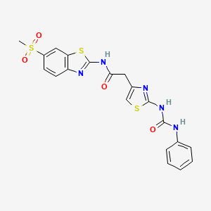 molecular formula C20H17N5O4S3 B2686378 N-(6-(methylsulfonyl)benzo[d]thiazol-2-yl)-2-(2-(3-phenylureido)thiazol-4-yl)acetamide CAS No. 921491-13-6