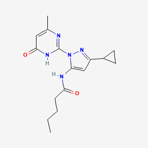 molecular formula C16H21N5O2 B2686379 N-(3-cyclopropyl-1-(4-methyl-6-oxo-1,6-dihydropyrimidin-2-yl)-1H-pyrazol-5-yl)pentanamide CAS No. 1207043-41-1