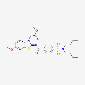 molecular formula C26H33N3O6S2 B2686393 (Z)-methyl 2-(2-((4-(N,N-dibutylsulfamoyl)benzoyl)imino)-6-methoxybenzo[d]thiazol-3(2H)-yl)acetate CAS No. 1005729-37-2