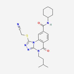 molecular formula C23H28N6O2S B2686399 1-((cyanomethyl)thio)-N-cyclohexyl-4-isopentyl-5-oxo-4,5-dihydro-[1,2,4]triazolo[4,3-a]quinazoline-8-carboxamide CAS No. 2034419-10-6
