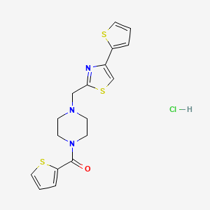 molecular formula C17H18ClN3OS3 B2686401 Thiophen-2-yl(4-((4-(thiophen-2-yl)thiazol-2-yl)methyl)piperazin-1-yl)methanone hydrochloride CAS No. 1215848-80-8