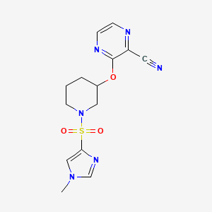 molecular formula C14H16N6O3S B2686429 3-((1-((1-methyl-1H-imidazol-4-yl)sulfonyl)piperidin-3-yl)oxy)pyrazine-2-carbonitrile CAS No. 2034479-82-6
