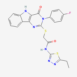 molecular formula C22H17FN6O2S2 B2686444 N-(5-ethyl-1,3,4-thiadiazol-2-yl)-2-((3-(4-fluorophenyl)-4-oxo-4,5-dihydro-3H-pyrimido[5,4-b]indol-2-yl)thio)acetamide CAS No. 536710-82-4