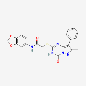 molecular formula C21H17N5O4S B2686503 N-(2H-1,3-benzodioxol-5-yl)-2-({7-methyl-4-oxo-8-phenyl-3H,4H-pyrazolo[1,5-a][1,3,5]triazin-2-yl}sulfanyl)acetamide CAS No. 946247-52-5