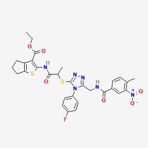 molecular formula C30H29FN6O6S2 B2686505 ethyl 2-(2-{[4-(4-fluorophenyl)-5-{[(4-methyl-3-nitrophenyl)formamido]methyl}-4H-1,2,4-triazol-3-yl]sulfanyl}propanamido)-4H,5H,6H-cyclopenta[b]thiophene-3-carboxylate CAS No. 393815-15-1