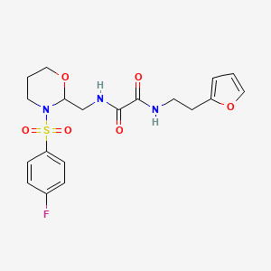 molecular formula C19H22FN3O6S B2686524 N'-{[3-(4-fluorobenzenesulfonyl)-1,3-oxazinan-2-yl]methyl}-N-[2-(furan-2-yl)ethyl]ethanediamide CAS No. 872976-52-8