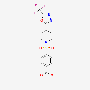 molecular formula C16H16F3N3O5S B2686534 Methyl 4-((4-(5-(trifluoromethyl)-1,3,4-oxadiazol-2-yl)piperidin-1-yl)sulfonyl)benzoate CAS No. 1396683-29-6