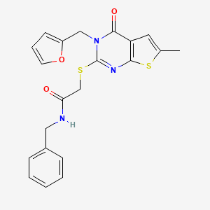 molecular formula C21H19N3O3S2 B2686542 N-benzyl-2-({3-[(furan-2-yl)methyl]-6-methyl-4-oxo-3H,4H-thieno[2,3-d]pyrimidin-2-yl}sulfanyl)acetamide CAS No. 878682-96-3