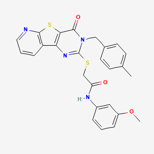 molecular formula C26H22N4O3S2 B2686556 N-(3-methoxyphenyl)-2-[[5-[(4-methylphenyl)methyl]-6-oxo-8-thia-3,5,10-triazatricyclo[7.4.0.02,7]trideca-1(9),2(7),3,10,12-pentaen-4-yl]sulfanyl]acetamide CAS No. 1189905-27-8