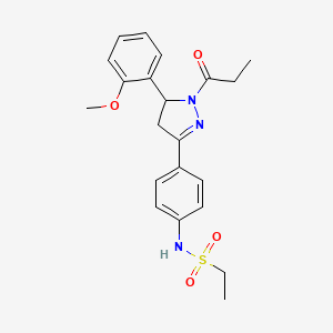 molecular formula C21H25N3O4S B2686563 N-{4-[5-(2-methoxyphenyl)-1-propanoyl-4,5-dihydro-1H-pyrazol-3-yl]phenyl}ethane-1-sulfonamide CAS No. 835888-23-8