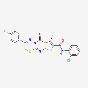 molecular formula C22H14ClFN4O2S2 B2686607 N-(2-chlorophenyl)-12-(4-fluorophenyl)-4-methyl-2-oxo-6,10-dithia-1,8,13-triazatricyclo[7.4.0.03,7]trideca-3(7),4,8,12-tetraene-5-carboxamide CAS No. 866848-00-2
