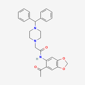 molecular formula C28H29N3O4 B2686631 N-(6-Acetylbenzo[D]1,3-dioxolen-5-YL)-2-(4-(diphenylmethyl)piperazinyl)ethanamide CAS No. 491867-78-8