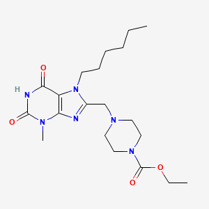molecular formula C20H32N6O4 B2686746 ethyl 4-((7-hexyl-3-methyl-2,6-dioxo-2,3,6,7-tetrahydro-1H-purin-8-yl)methyl)piperazine-1-carboxylate CAS No. 896299-53-9