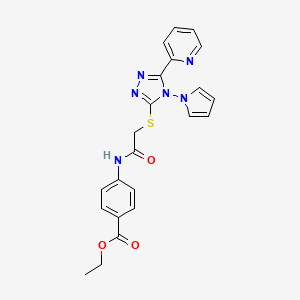 molecular formula C22H20N6O3S B2686778 ethyl 4-(2-{[5-(pyridin-2-yl)-4-(1H-pyrrol-1-yl)-4H-1,2,4-triazol-3-yl]sulfanyl}acetamido)benzoate CAS No. 886939-19-1