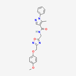 molecular formula C22H21N5O4 B2686884 N-((3-((4-methoxyphenoxy)methyl)-1,2,4-oxadiazol-5-yl)methyl)-5-methyl-1-phenyl-1H-pyrazole-4-carboxamide CAS No. 1226435-85-3