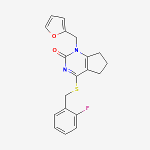 molecular formula C19H17FN2O2S B2686966 4-{[(2-fluorophenyl)methyl]sulfanyl}-1-[(furan-2-yl)methyl]-1H,2H,5H,6H,7H-cyclopenta[d]pyrimidin-2-one CAS No. 899957-85-8