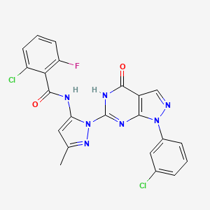 molecular formula C22H14Cl2FN7O2 B2687098 2-chloro-N-(1-(1-(3-chlorophenyl)-4-oxo-4,5-dihydro-1H-pyrazolo[3,4-d]pyrimidin-6-yl)-3-methyl-1H-pyrazol-5-yl)-6-fluorobenzamide CAS No. 1170017-49-8