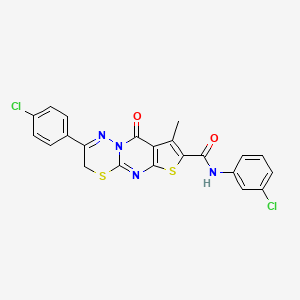 molecular formula C22H14Cl2N4O2S2 B2687155 N-(3-chlorophenyl)-12-(4-chlorophenyl)-4-methyl-2-oxo-6,10-dithia-1,8,13-triazatricyclo[7.4.0.03,7]trideca-3(7),4,8,12-tetraene-5-carboxamide CAS No. 866842-52-6