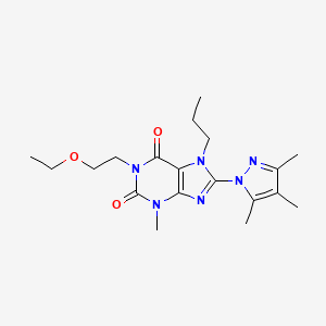 molecular formula C19H28N6O3 B2687189 1-(2-Ethoxyethyl)-3-methyl-7-propyl-8-(3,4,5-trimethylpyrazolyl)-1,3,7-trihydr opurine-2,6-dione CAS No. 1013989-74-6