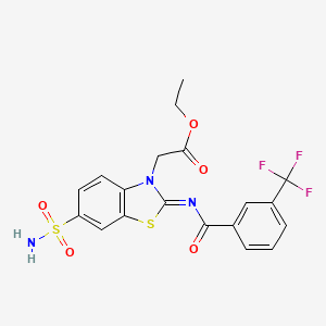 molecular formula C19H16F3N3O5S2 B2687195 (Z)-ethyl 2-(6-sulfamoyl-2-((3-(trifluoromethyl)benzoyl)imino)benzo[d]thiazol-3(2H)-yl)acetate CAS No. 865247-82-1