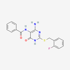 molecular formula C18H15FN4O2S B2687287 N-(4-amino-2-((2-fluorobenzyl)thio)-6-oxo-1,6-dihydropyrimidin-5-yl)benzamide CAS No. 888414-78-6