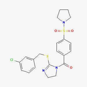 molecular formula C21H22ClN3O3S2 B2687466 [2-[(3-Chlorophenyl)methylsulfanyl]-4,5-dihydroimidazol-1-yl]-(4-pyrrolidin-1-ylsulfonylphenyl)methanone CAS No. 851808-34-9