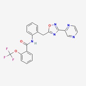 molecular formula C21H14F3N5O3 B2687507 N-(2-((3-(pyrazin-2-yl)-1,2,4-oxadiazol-5-yl)methyl)phenyl)-2-(trifluoromethoxy)benzamide CAS No. 2034535-70-9