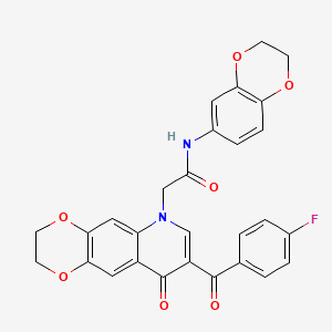 molecular formula C28H21FN2O7 B2687682 N-(2,3-dihydro-1,4-benzodioxin-6-yl)-2-[8-(4-fluorobenzoyl)-9-oxo-2H,3H,6H,9H-[1,4]dioxino[2,3-g]quinolin-6-yl]acetamide CAS No. 866588-61-6