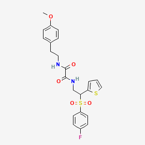 molecular formula C23H23FN2O5S2 B2688143 N-[2-(4-fluorobenzenesulfonyl)-2-(thiophen-2-yl)ethyl]-N'-[2-(4-methoxyphenyl)ethyl]ethanediamide CAS No. 896330-21-5