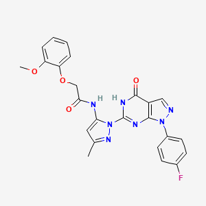 molecular formula C24H20FN7O4 B2688310 N-(1-(1-(4-fluorophenyl)-4-oxo-4,5-dihydro-1H-pyrazolo[3,4-d]pyrimidin-6-yl)-3-methyl-1H-pyrazol-5-yl)-2-(2-methoxyphenoxy)acetamide CAS No. 1020488-44-1