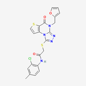 molecular formula C21H16ClN5O3S2 B2688384 N-(2-chloro-4-methylphenyl)-2-((4-(furan-2-ylmethyl)-5-oxo-4,5-dihydrothieno[2,3-e][1,2,4]triazolo[4,3-a]pyrimidin-1-yl)thio)acetamide CAS No. 1242996-21-9