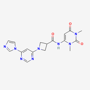 molecular formula C17H18N8O3 B2688493 1-(6-(1H-imidazol-1-yl)pyrimidin-4-yl)-N-(1,3-dimethyl-2,6-dioxo-1,2,3,6-tetrahydropyrimidin-4-yl)azetidine-3-carboxamide CAS No. 2034279-34-8