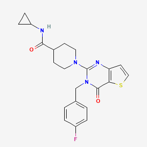 molecular formula C22H23FN4O2S B2688635 N-cyclopropyl-1-{3-[(4-fluorophenyl)methyl]-4-oxo-3H,4H-thieno[3,2-d]pyrimidin-2-yl}piperidine-4-carboxamide CAS No. 1112306-95-2