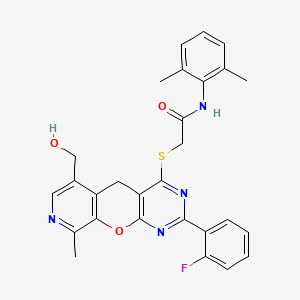 molecular formula C28H25FN4O3S B2688887 N-(2,6-dimethylphenyl)-2-[[5-(2-fluorophenyl)-11-(hydroxymethyl)-14-methyl-2-oxa-4,6,13-triazatricyclo[8.4.0.03,8]tetradeca-1(10),3(8),4,6,11,13-hexaen-7-yl]sulfanyl]acetamide CAS No. 892386-12-8