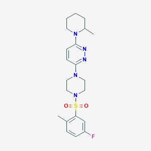 molecular formula C21H28FN5O2S B2688912 3-(4-((5-Fluoro-2-methylphenyl)sulfonyl)piperazin-1-yl)-6-(2-methylpiperidin-1-yl)pyridazine CAS No. 1219912-61-4