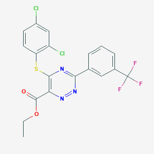 molecular formula C19H12Cl2F3N3O2S B2689287 Ethyl 5-[(2,4-dichlorophenyl)sulfanyl]-3-[3-(trifluoromethyl)phenyl]-1,2,4-triazine-6-carboxylate CAS No. 338957-02-1