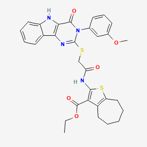 molecular formula C31H30N4O5S2 B2689325 ethyl 2-(2-{[3-(3-methoxyphenyl)-4-oxo-3H,4H,5H-pyrimido[5,4-b]indol-2-yl]sulfanyl}acetamido)-4H,5H,6H,7H,8H-cyclohepta[b]thiophene-3-carboxylate CAS No. 536706-65-7