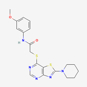 molecular formula C19H21N5O2S2 B2689388 N-(3-METHOXYPHENYL)-2-{[2-(PIPERIDIN-1-YL)-[1,3]THIAZOLO[4,5-D]PYRIMIDIN-7-YL]SULFANYL}ACETAMIDE CAS No. 1215476-15-5