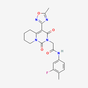 molecular formula C20H20FN5O4 B2689538 N-(3-fluoro-4-methylphenyl)-2-[4-(5-methyl-1,2,4-oxadiazol-3-yl)-1,3-dioxo-1H,2H,3H,5H,6H,7H,8H-pyrido[1,2-c]pyrimidin-2-yl]acetamide CAS No. 1775485-31-8