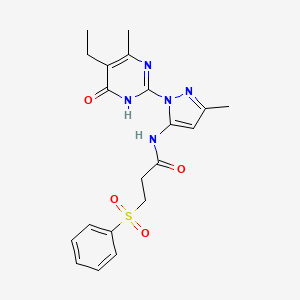 molecular formula C20H23N5O4S B2689595 N-(1-(5-ethyl-4-methyl-6-oxo-1,6-dihydropyrimidin-2-yl)-3-methyl-1H-pyrazol-5-yl)-3-(phenylsulfonyl)propanamide CAS No. 1209836-59-8