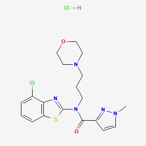 molecular formula C19H23Cl2N5O2S B2689659 N-(4-chloro-1,3-benzothiazol-2-yl)-1-methyl-N-[3-(morpholin-4-yl)propyl]-1H-pyrazole-3-carboxamide hydrochloride CAS No. 1189438-92-3