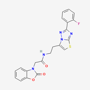 molecular formula C21H16FN5O3S B2689815 N-(2-(2-(2-fluorophenyl)thiazolo[3,2-b][1,2,4]triazol-6-yl)ethyl)-2-(2-oxobenzo[d]oxazol-3(2H)-yl)acetamide CAS No. 1211677-96-1
